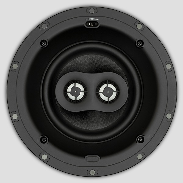 KIN IC62 SST head-on with the grille removed: the twin ceramic tweeters on their rotating pod at the centre of the woofer, ST/SUR mode switch on the rim