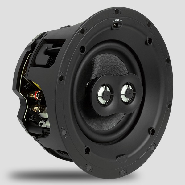 KIN IC62 SST three-quarter view showing the twin-tweeter pod, the mode switch and the open chassis behind the mounting flange