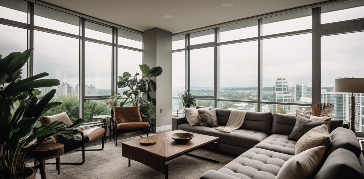 KIN IC8 Slim installed in the ceiling of a city apartment, all but invisible above the seating area
