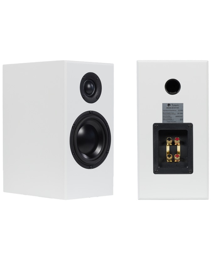 Bison Monitor in Satin White, front and back: the soft-dome tweeter above the 5.25-inch woofer, and on the rear the port with the four-way gold binding-post plate below it
