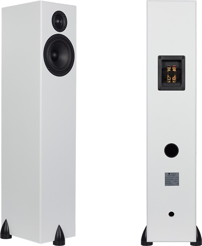 Bison Tower in Satin White, front and back: tweeter above a single woofer on the slim front; the rear shows the binding-post plate, the port below it and the black Delrin claw feet