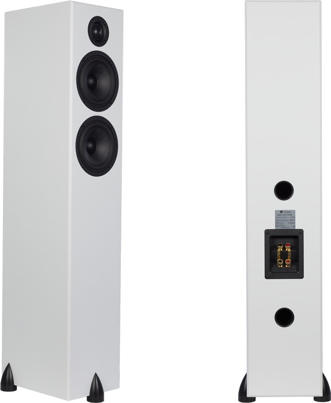 Bison Twin Tower in Satin White, front and back: tweeter above two 5.25-inch woofers; the rear carries two ports around the binding-post plate, the cabinet on black Delrin claw feet