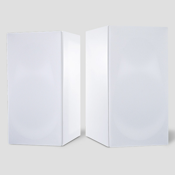 A pair of Signature One monitors in satin white with white grilles fitted - white on white, only the cabinet edges and the shadow between them giving the shape away