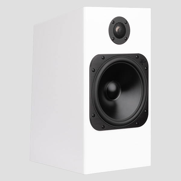Element Fire V2 in Ice gloss white, three-quarter view from the left: a square-framed 7-inch Torrent woofer below a small dome tweeter, the cabinet tapering back to a narrower rear