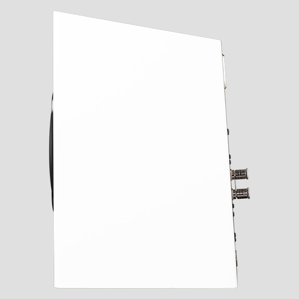Element Fire V2 in Ice gloss white seen from the side: a wedge with no parallel surfaces, the raked front baffle leaning back and the binding posts just visible at the rear edge