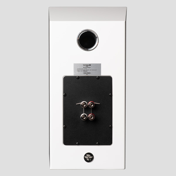 Rear of the Element Fire V2 in Ice gloss white: a chrome-ringed port at the top, the Totem serial label, and a black machined terminal plate carrying two pairs of WBT binding posts