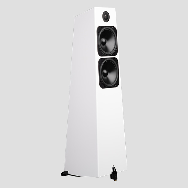 Element Metal V2 in Ice gloss white, three-quarter view: the tweeter above two square-framed 7-inch Torrent woofers, the tall cabinet flaring outward to the floor with its claw foot fitted