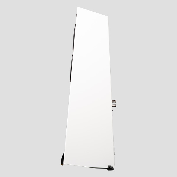 Element Metal V2 in Ice gloss white seen from the side: a leaning wedge with no parallel surfaces, the terminal plate at mid height and the skid plate curving in under the back