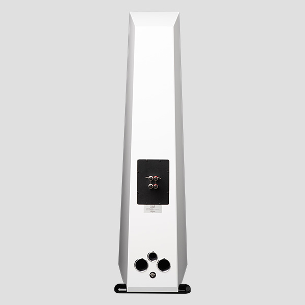 Rear of the Element Metal V2 in Ice gloss white: the machined terminal plate above three port openings and the Totem badge, with the rear skid plate at the foot