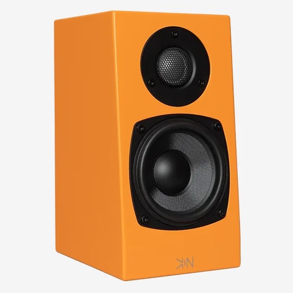 Kin One in Satin Orange seen from the front left, grille off: the titanium-infused soft dome above the black MHEX cone in a compact rectangular cabinet