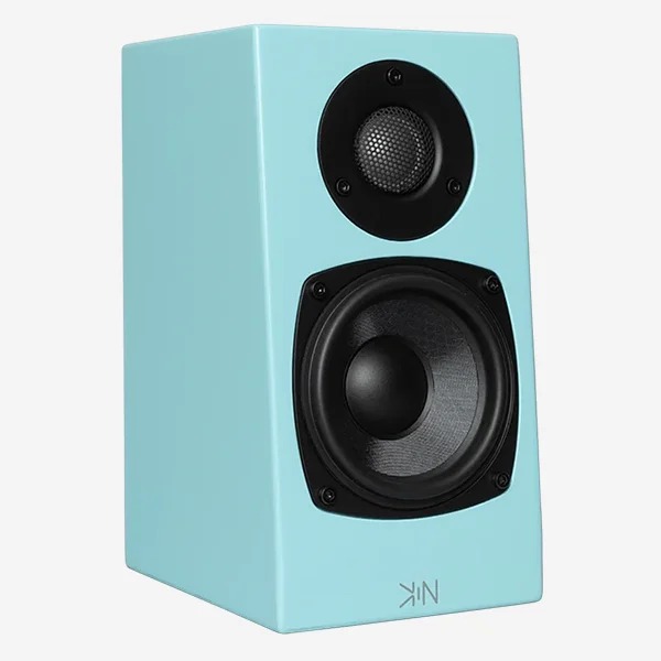 Kin One in Satin Blue, front three-quarter view with the grille removed, showing the small soft-dome tweeter over the four-inch woofer