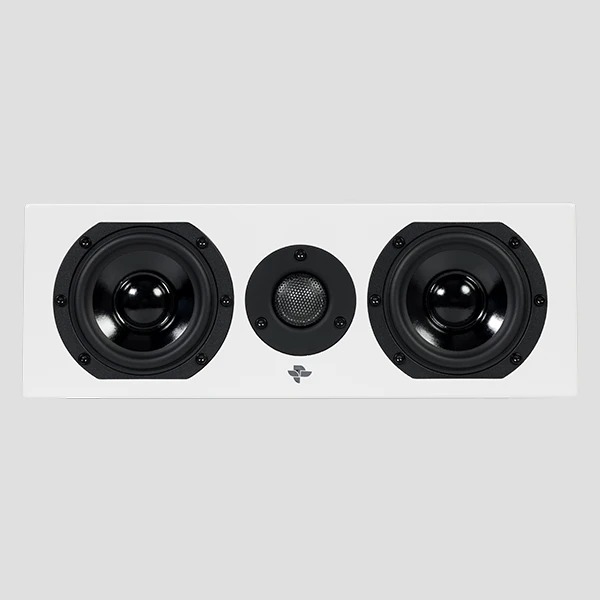 Kin Flex in Satin White seen face-on with the grille removed: two four-inch woofers flanking the small centre tweeter in a low, wide cabinet