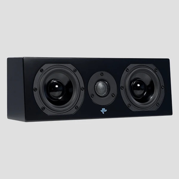 Kin Flex in Satin Black at an angle, showing how shallow the sealed cabinet is and how the front baffle is tilted relative to the back