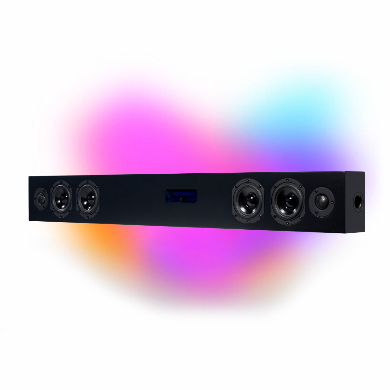 The Kin Play SoundBar II in satin black with the grille off, against a coloured glow: four woofers spread along the bar with the tweeter and display between them
