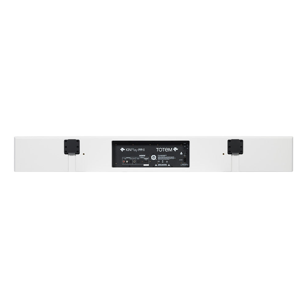 Back of the white SoundBar II: the recessed connection panel between the two wall-mount brackets
