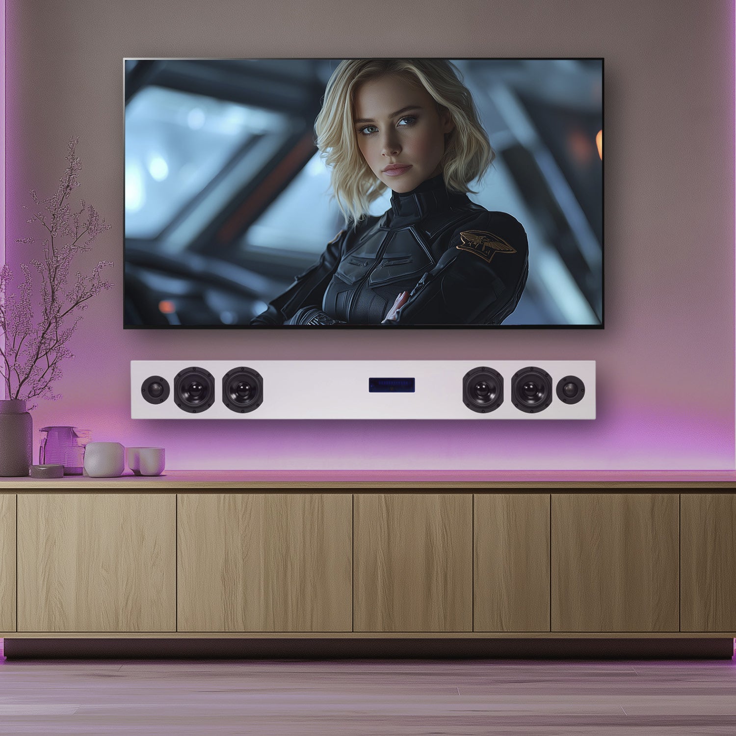 The white SoundBar II on a wooden credenza below a large wall-mounted television, the wall behind lit in purple
