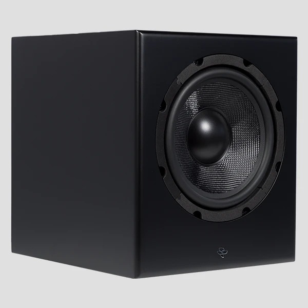 The Kin Sub 8 in satin black seen from the front left, grille off: a near-cube cabinet with the eight-inch fibreglass cone filling most of the front