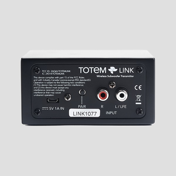 Back of the Totem LINK: the 5V DC input, the pairing button, the stereo RCA and LFE inputs and the serial label, on a white housing marked TOTEM LINK