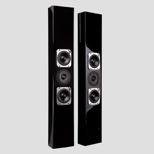 Tribe III pair in Dusk high-gloss black, three-quarter view: two square-framed Torrent woofers with the dome tweeter between them