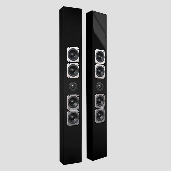 Tribe V pair in Dusk high-gloss black: four square-framed Torrent woofers, two above and two below the central dome tweeter