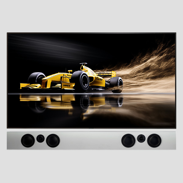 Tribe Duo in Satin White under a wall-mounted screen