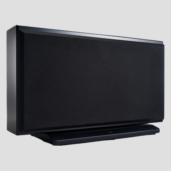 Tribe Solution Sub in Satin Black lying horizontally on its stand with the magnetic grille fitted