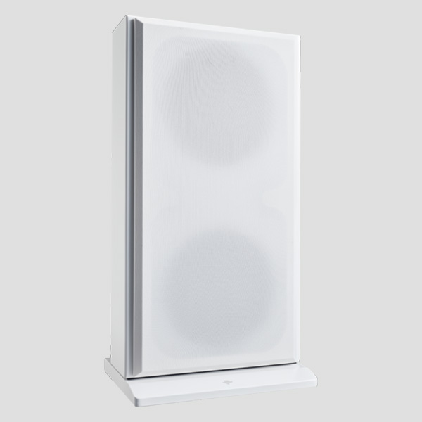 Tribe Solution Sub in Satin White standing upright on its stand with the magnetic grille fitted