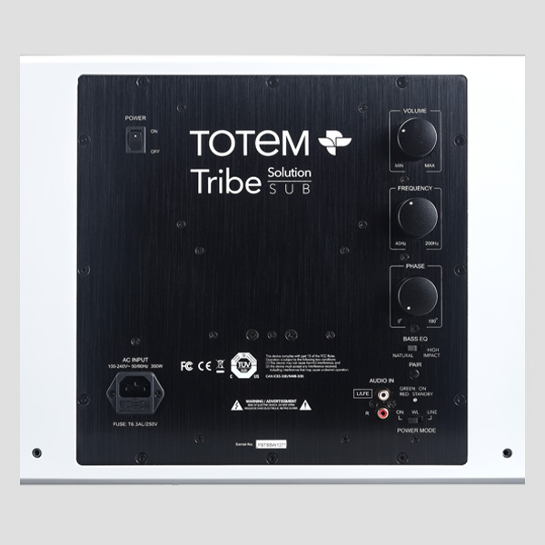 Rear of the Tribe Solution Sub: the amplifier plate with volume, 40-200 Hz frequency and 0-180 degree phase dials, Natural / High Impact Bass EQ switch, RCA and LFE inputs